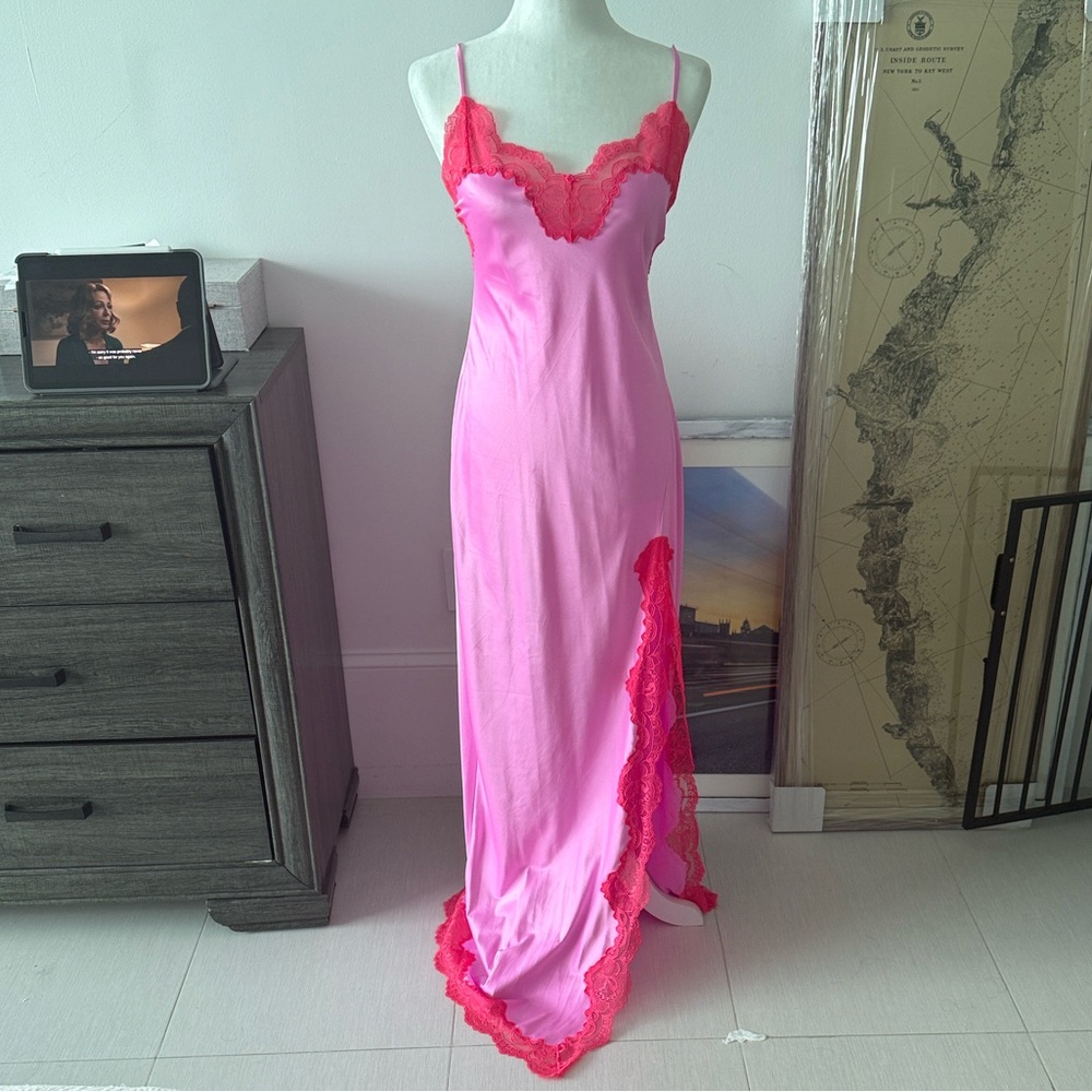SKIMS Pink Maxi Dress with Red Lace